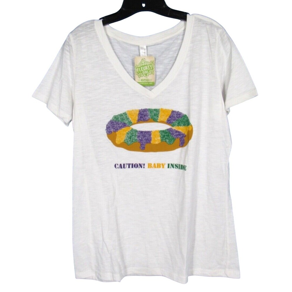 Nwt CAUTION! BABY INSIDE Mardi Gras King Cake PREGNANCY ANNOUNCEMENT T-Shirt XXL
